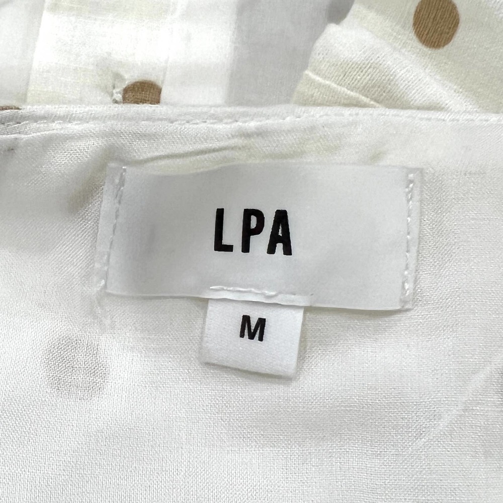 LPA Shirt Womens Medium White Linen Puff Sleeve Crop Top Button Front Polka Dot - Picture 9 of 14